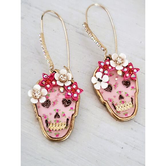 Betsey Johnson Floral Skull Dangle Earrings - Picture 2 of 7